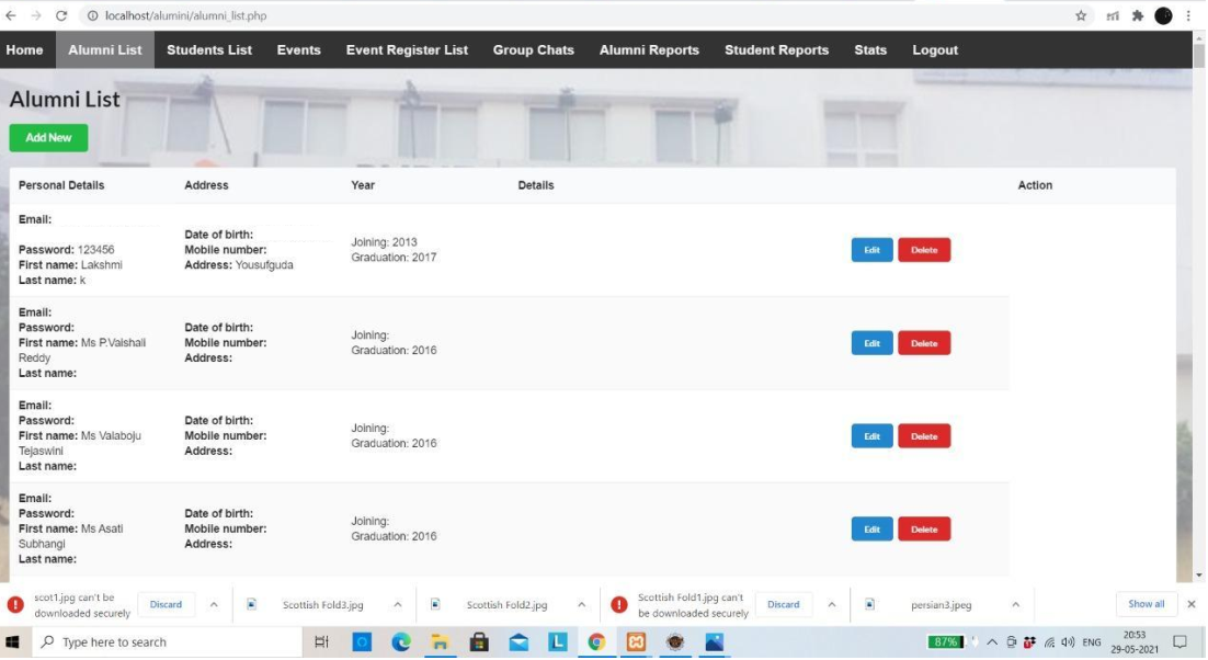 All Users List of Alumni Management Portal Project
